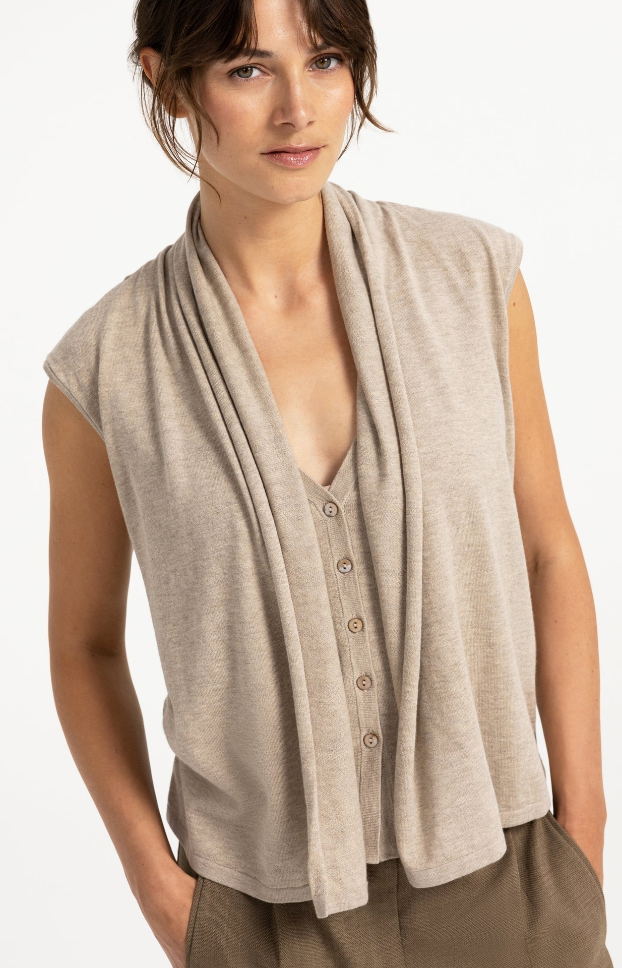 Cardigan sans manches avec superposition et boutons - YAYA - Pure Cashmere Grey Melange (4)