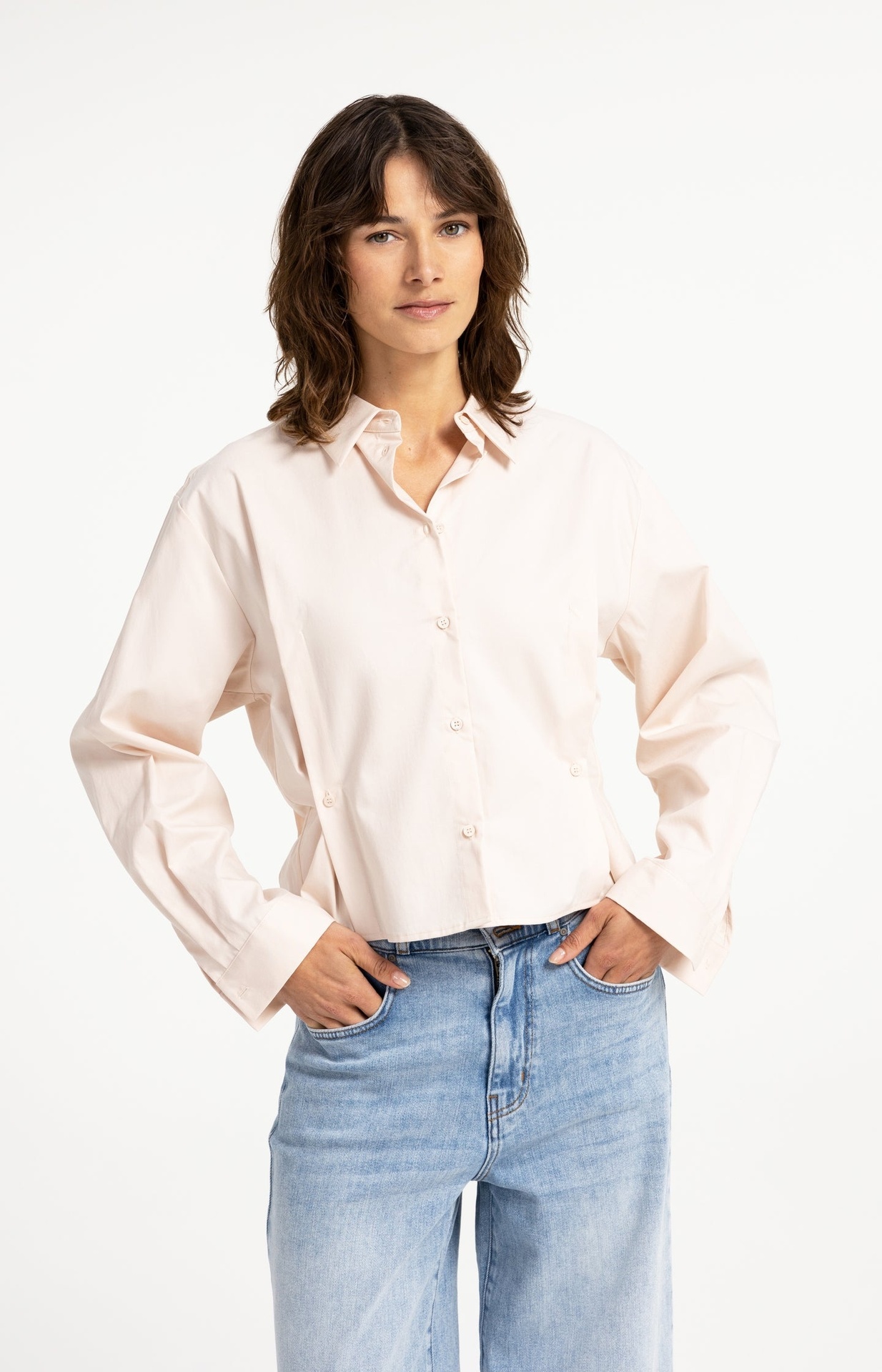 Chemisier en popeline à taille ajustable et manches longues - YAYA - Almond Peach Pink (3)