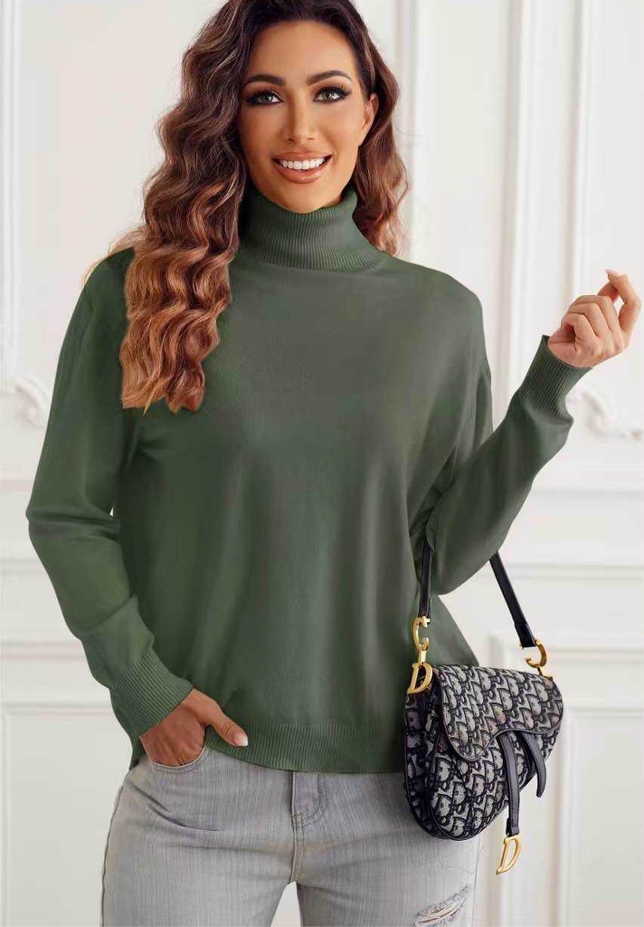 [98038-kaki] Pull fin uni col roulé doux et confortable - Paula - Kaki
