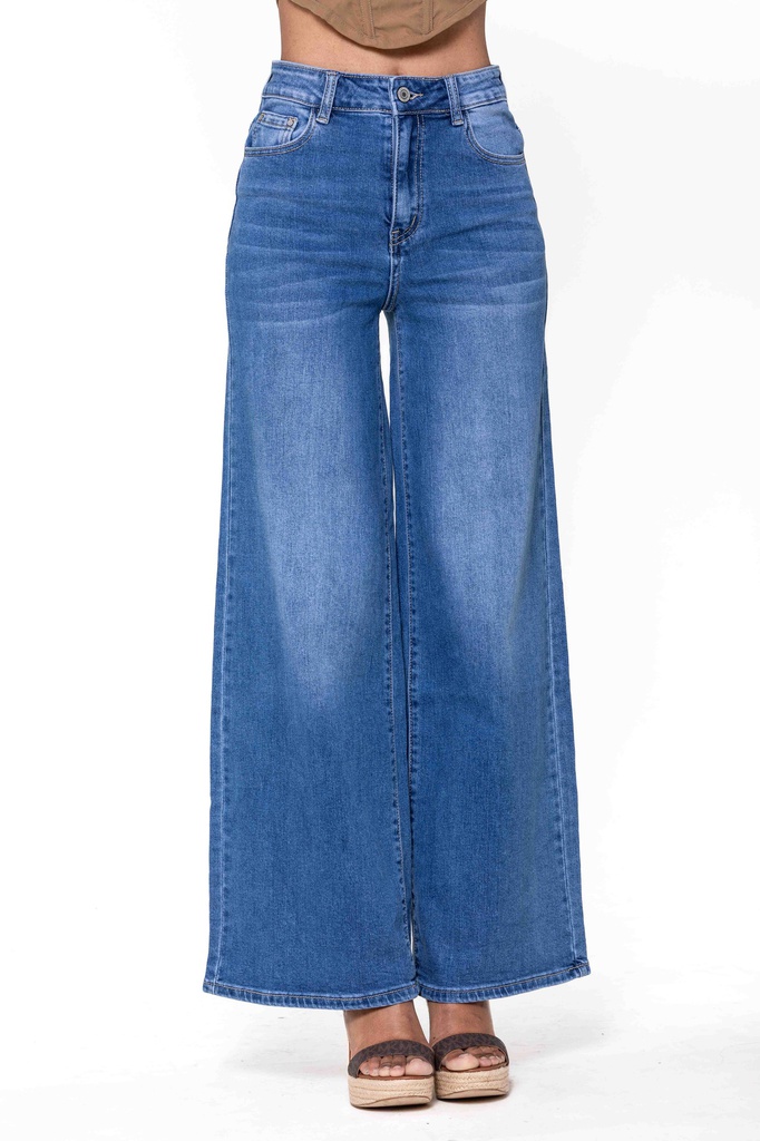[YY300-1-bleu-36] Jeans wide leg uni taille haute - Nathalie - Bleu (36)