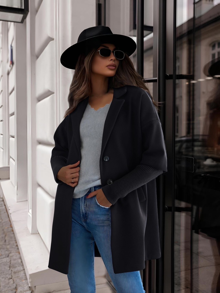 [2115-noir] Manteau oversized manches 3/4 manches en tricot - Sandrine - Noir