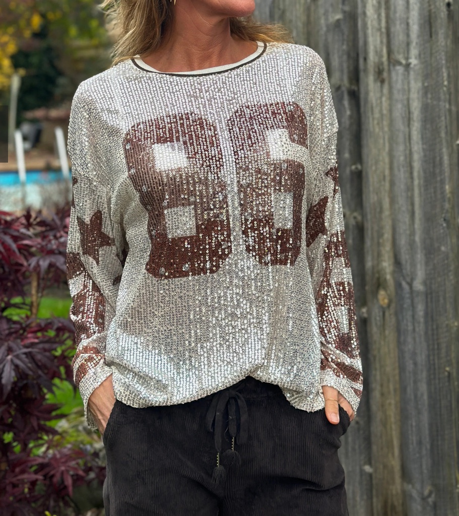 [PR21997-choco] Blouse oversized à paillettes manches longues - STAR 86 - Chocolat