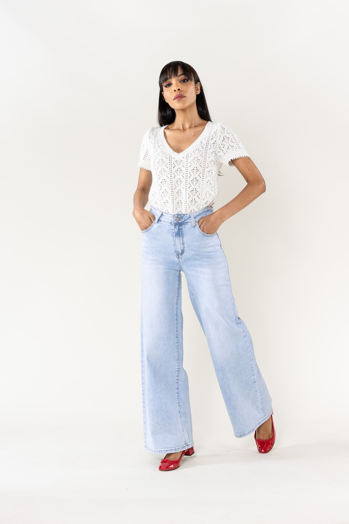 [YY300-16-bleuTC-36] Jeans wide leg uni taille haute - Nathalie - Bleu très clair (36)