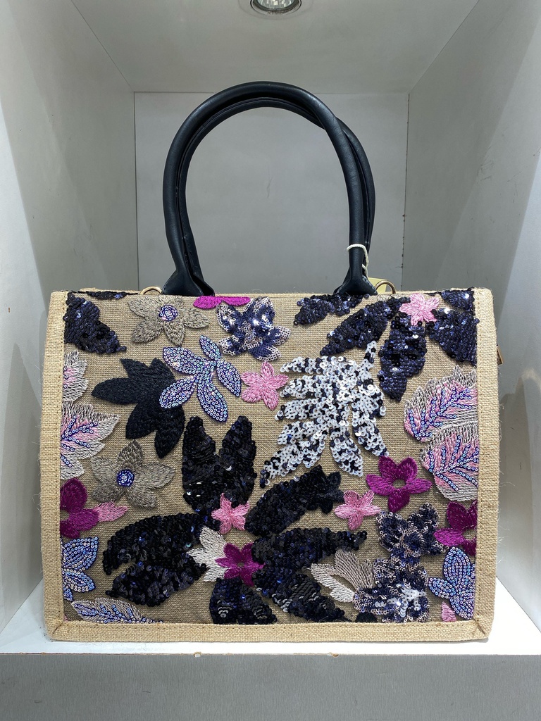 [24P-5984-black] Sac cabas coton avec motif brodé - Léna - noir