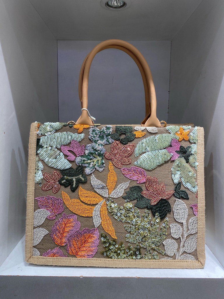[24p-5984-green] Sac cabas coton avec motif brodé - Léna - vert d'eau