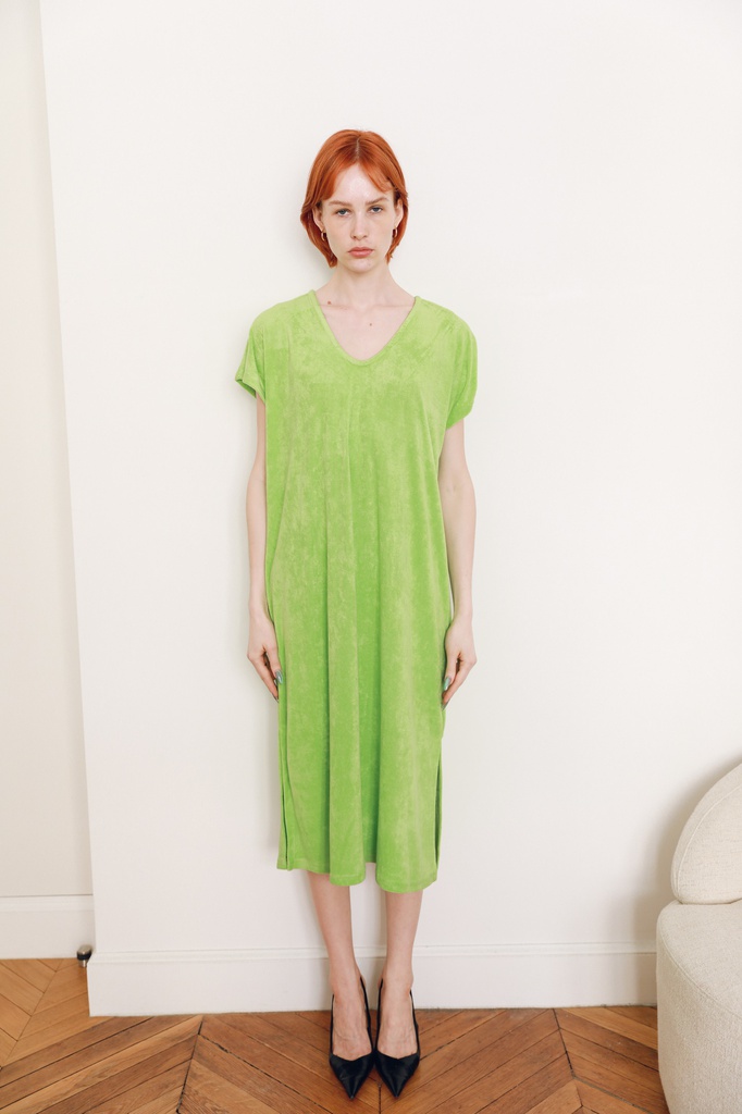 [1158-vertpomme] Robe en éponge col v - Erin - vert pomme