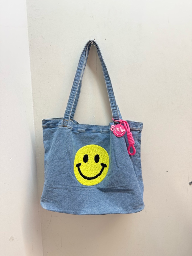 Sac en coton denim floqué - SMILE - bleu et jaune