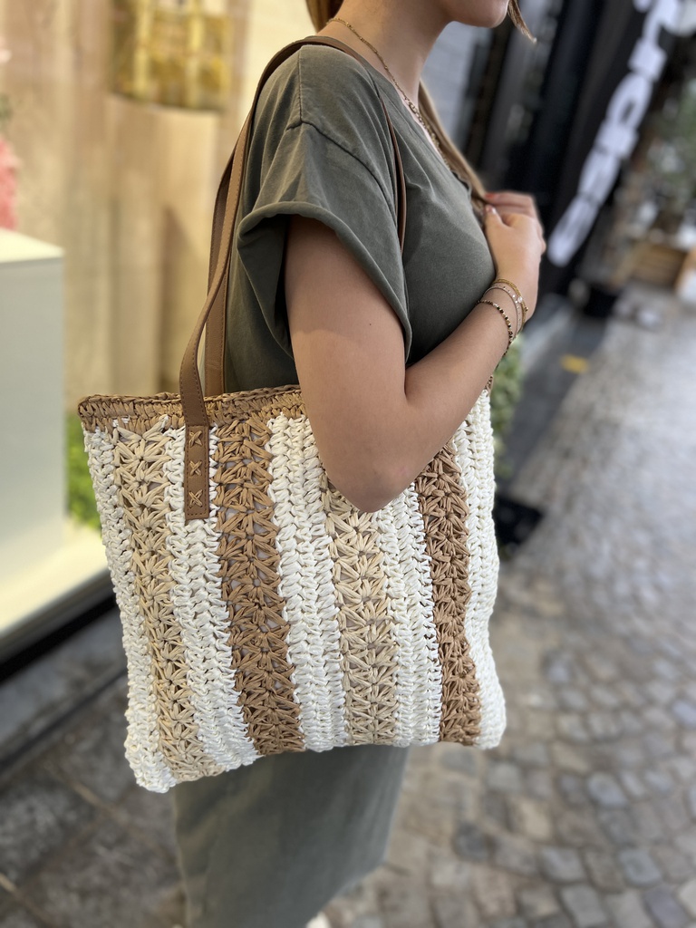 [JS5525-beige] Sac en paille bicolore - Ana - beige