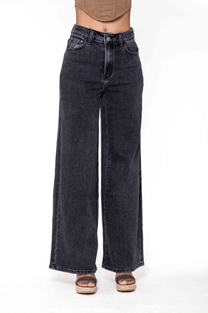 Jeans wide leg uni taille haute - Nathalie - noir délavé