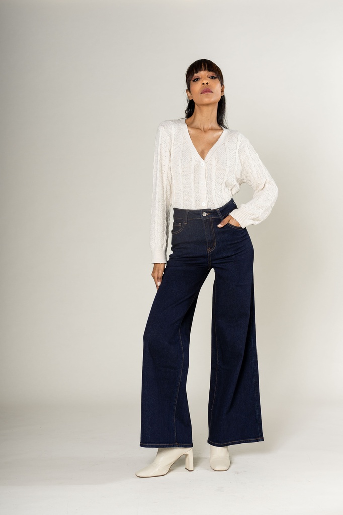 Jeans wide leg uni taille haute - Nathalie - bleu brut