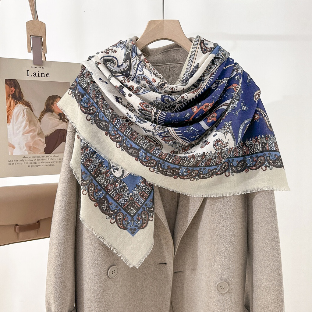 [130CX99-bleu] Foulard grand carré en viscose imprimé cachemire - bleu