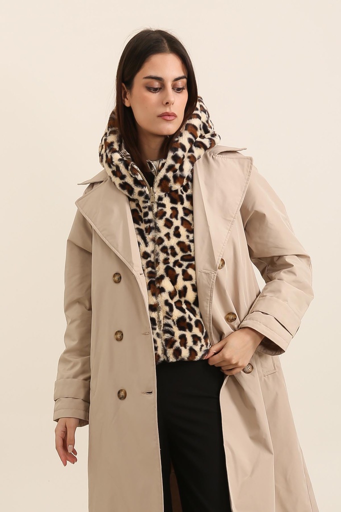 [AT8552BR-or] Capuche doudoune fourrée réversible imperméable avec pochette - léopard/doré