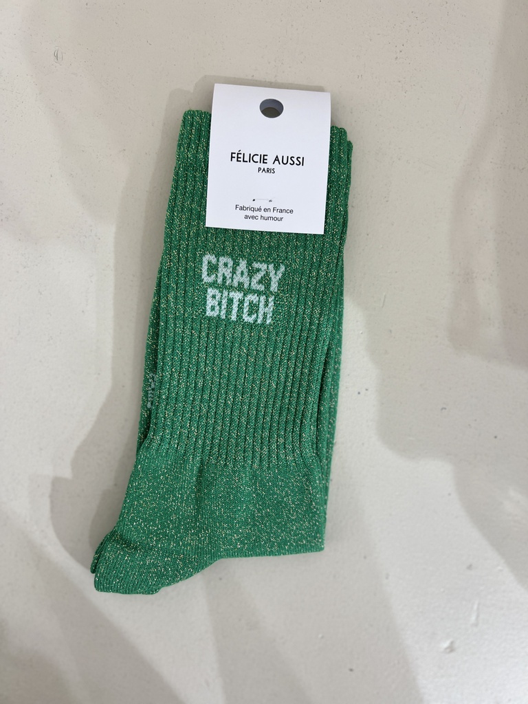 [5CHCRAPV36] Chaussettes - Félicie Aussi - CRAZY BITCH paillettes vert 36/40