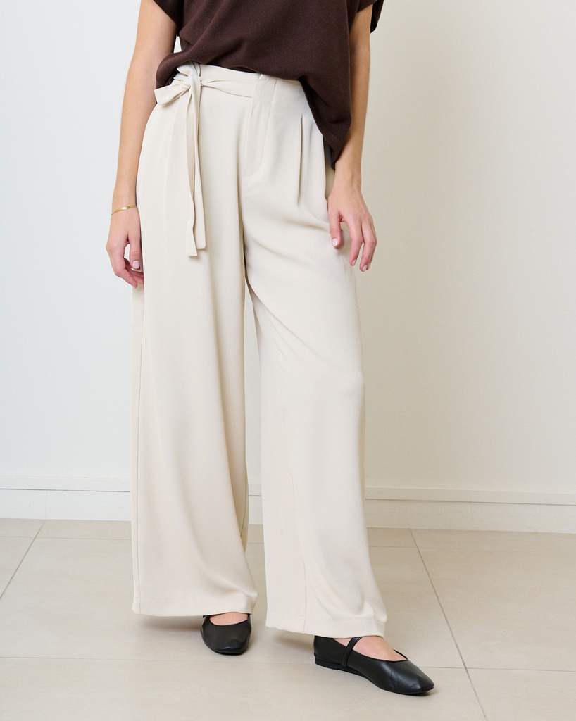[D7004-beige-L] Pantalon de tailleur à nouer avec élastique au dos - Tara - Beige (L)