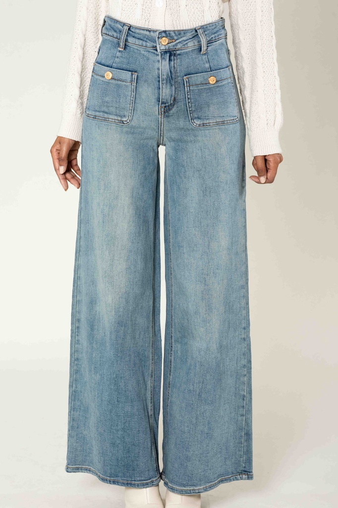 Jeans super wide leg avec poches appliquées - Flora - Bleu vintage