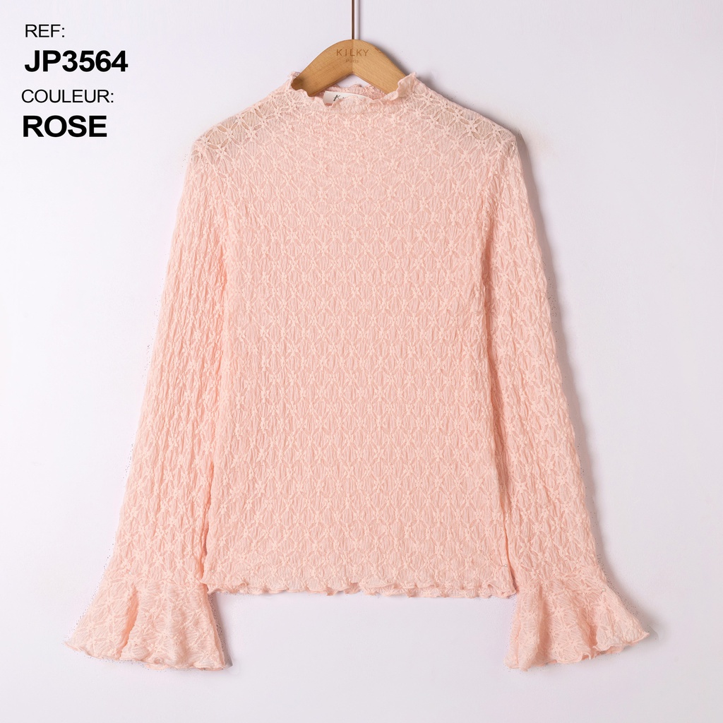 Blouse col montant et manches ajourée - Détails dentelle - Rose