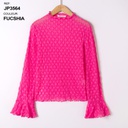 Blouse col montant et manches ajourée - Détails dentelle - Fuchsia