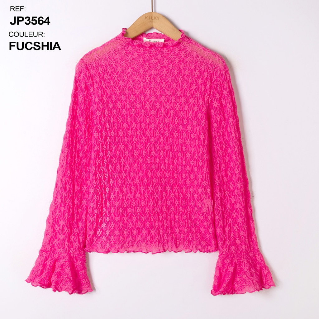 Blouse col montant et manches ajourée - Détails dentelle - Fuchsia
