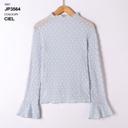 Blouse col montant et manches ajourée - Détails dentelle - Ciel