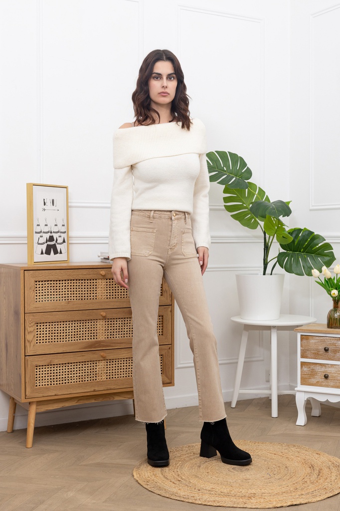 [Y6119-nude-L] Jeans evasé coupe 3/4 - Détail poche - Nude (L)