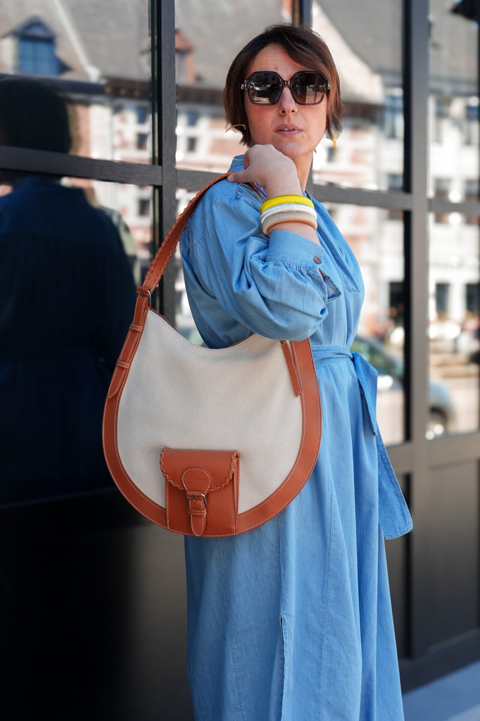 [PM-lehoboM-toilebeige] Sac cuir hobo noir femme - Paul Marius - LeHobo M - Escapade - Toile Beige