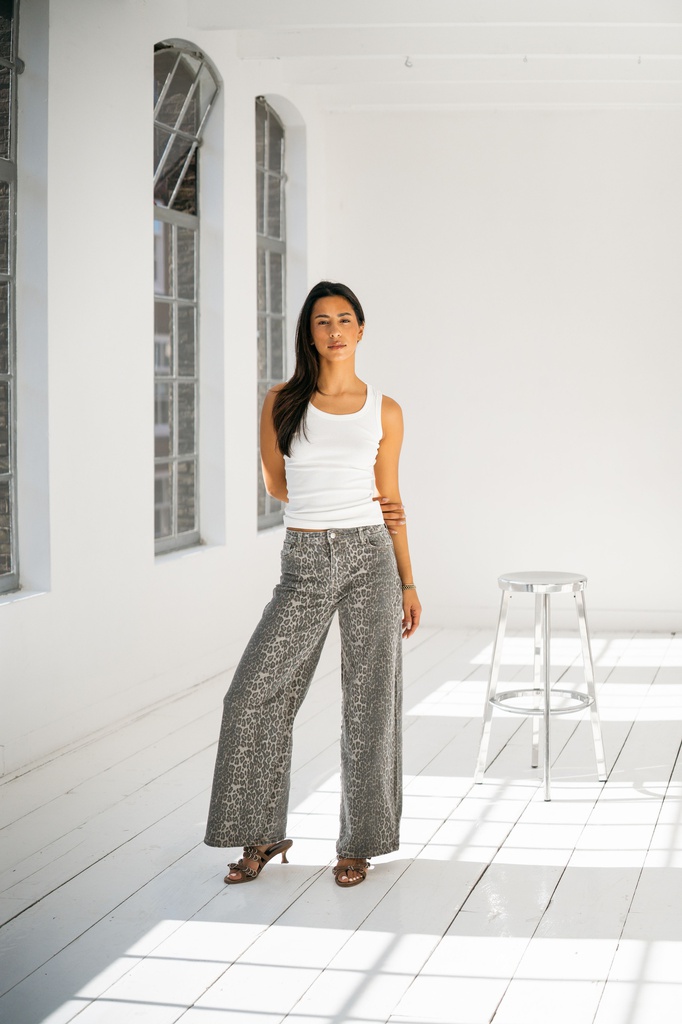[RD3602-leopard-L] Jeans large - Coupe WIDE LEG - Léopard (L)
