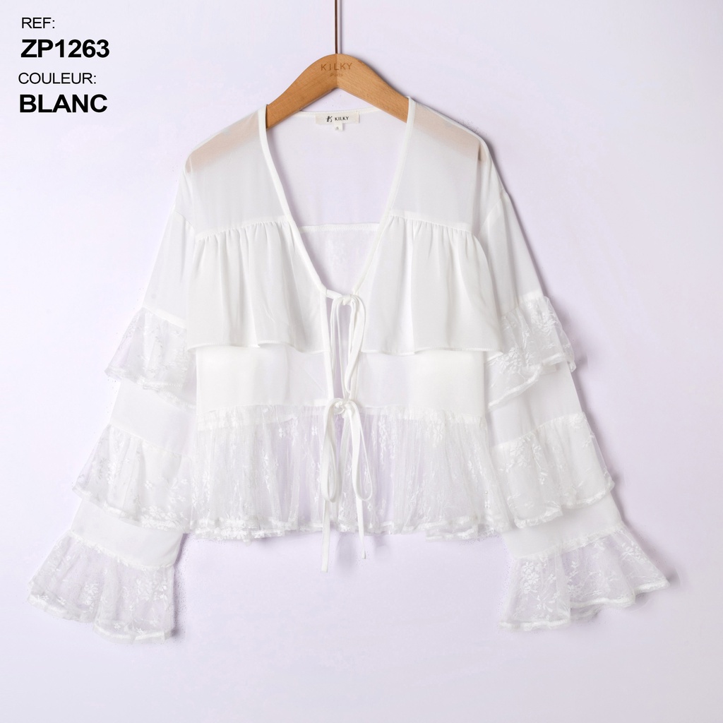 [ZP1263-blanc-L] Blouse à nouer avec manches volants - Blanc (L)