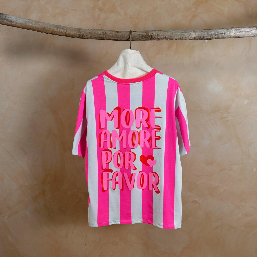 [T45196R-fuchsia] T-shirt à rayures - More amore por favor - Fuchsia et Blanc