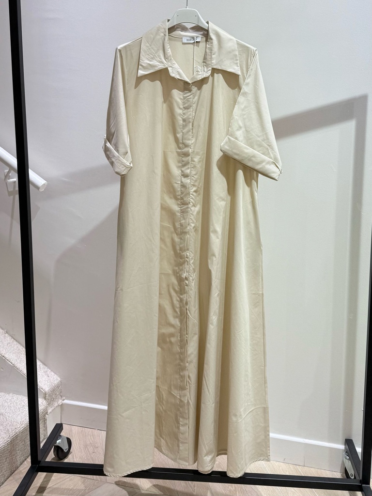 [2309U-beige-L] Robe mi-longue en coton glacé - Beige (L)