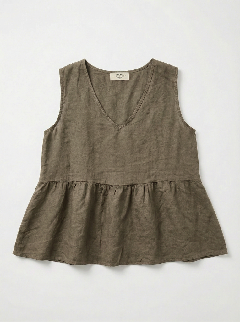 Débardeur en lin avec col en v - Khaki