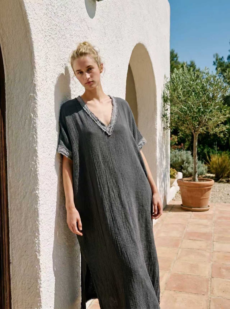 [L05522-gris] Robe longue en gaz de coton - Gris