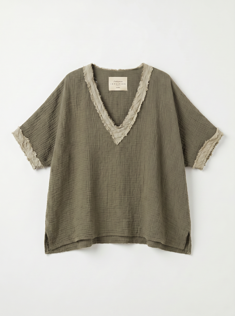 [C05987-kaki] Top manches courtes en gaz de coton - Kaki
