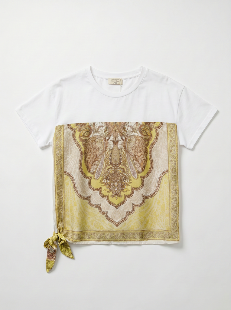 [T92828-jaune] T-shirt avec carré de soie imprimé - Jaune