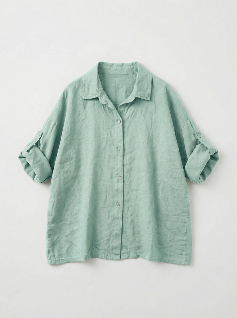 [C31659-vertd'eau] Chemise en lin avec manches retroussées - Vert pastel