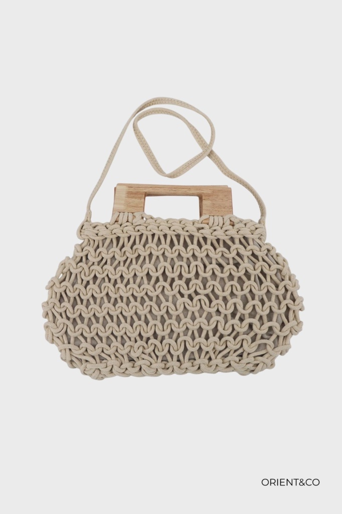 Sac en crochet avec anse en bois - Beige