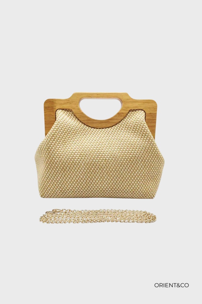 San à main en rafia avec anse en bois - Beige