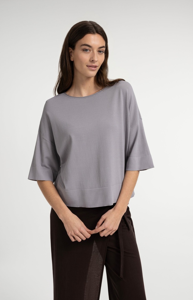 T-shirt oversize, col bateau, en maille fine - YAYA - Storm Cloud Grey