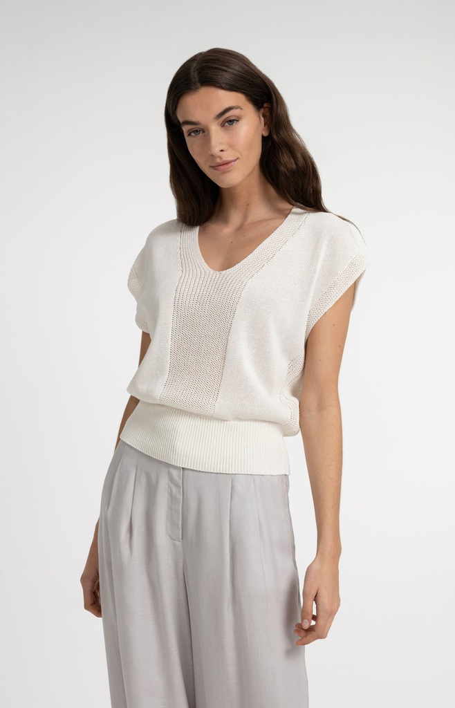 Pull col V en maille texturée - YAYA - Milk Beige Melange