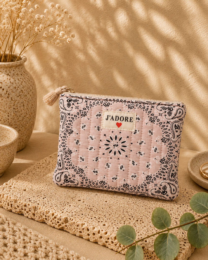 [POCH-AU33457-taupe] Pochette en coton - J'adore - Bandana taupe