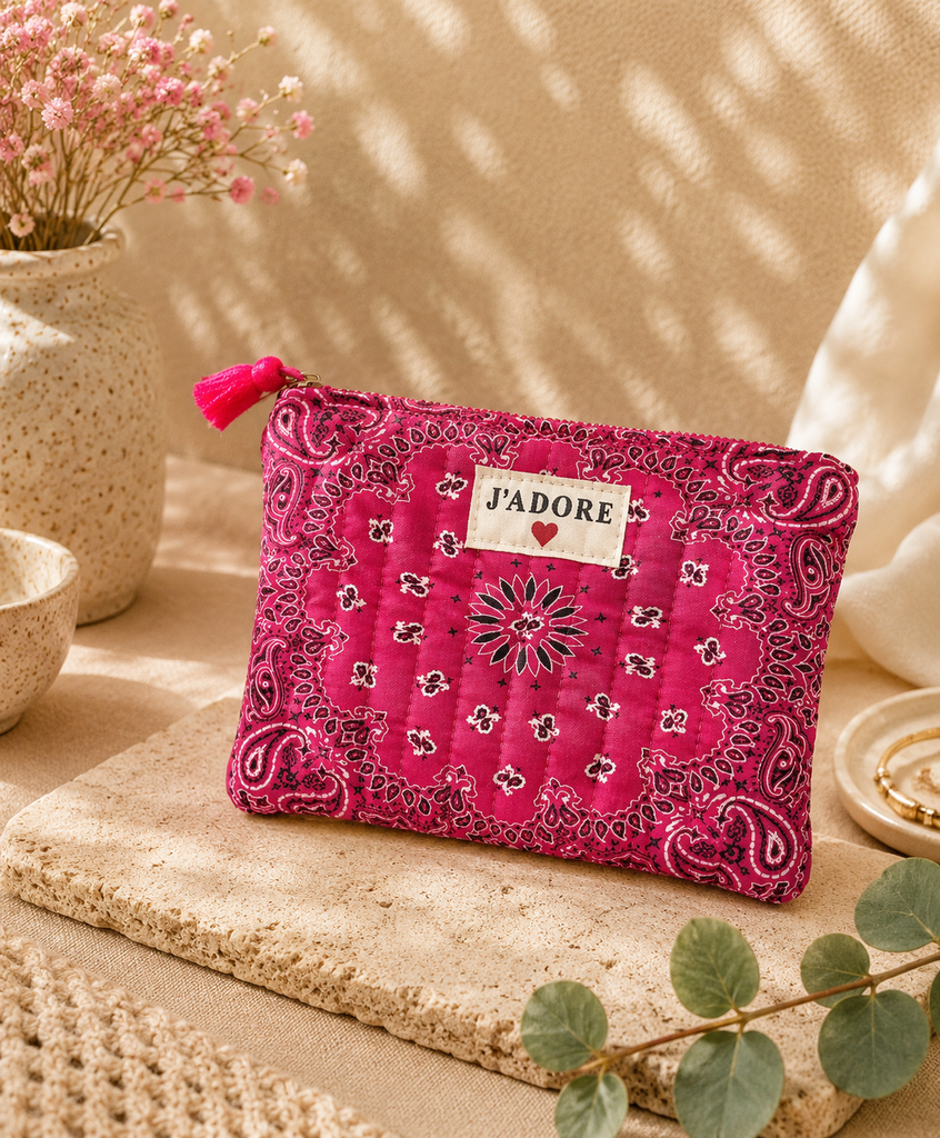 [POCH-AU33457-Fuchsia] Pochette en coton - J'adore - Bandana Fuchsia