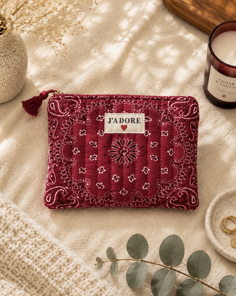[POCH-AU33457-bordeaux] Pochette en coton - J'adore - Bandana Bordeaux