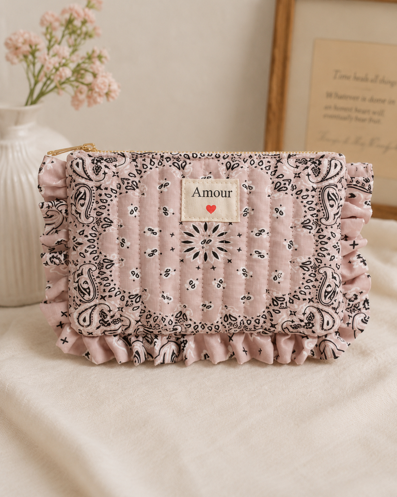 [POCH-AU33452-amour-taupe] Pochette en coton - Amour - Bandana Taupe
