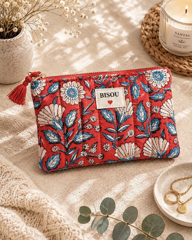 [POCH-AU33450-bisou-rouge] Pochette en coton - Bisou - Motifs Fleuris - Rouge