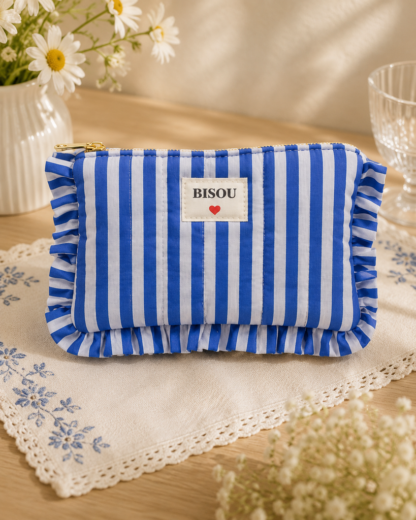 [POCH-AU33454-ligné-bleu] Pochette en coton - Bisou - Motifs ligné - Bleu