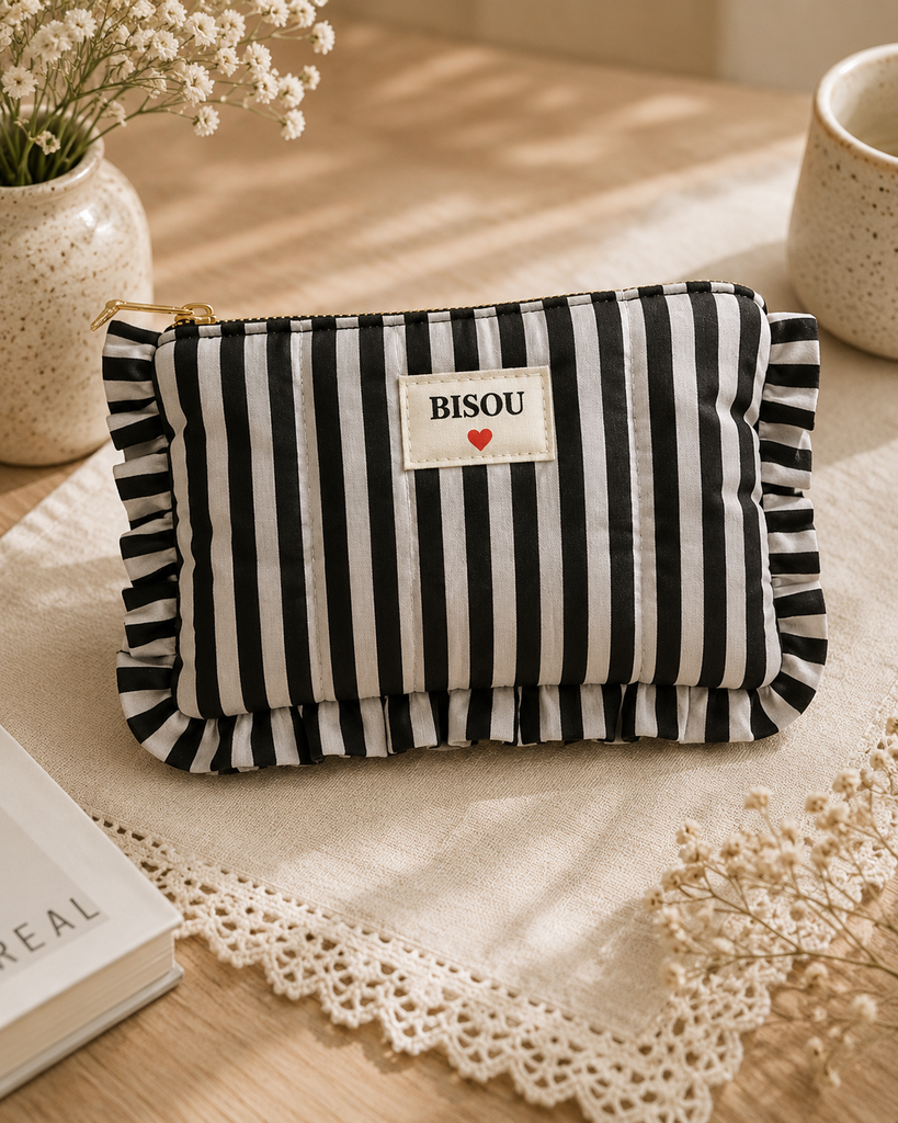 Pochette en coton - Bisou - Motifs ligné - Noir
