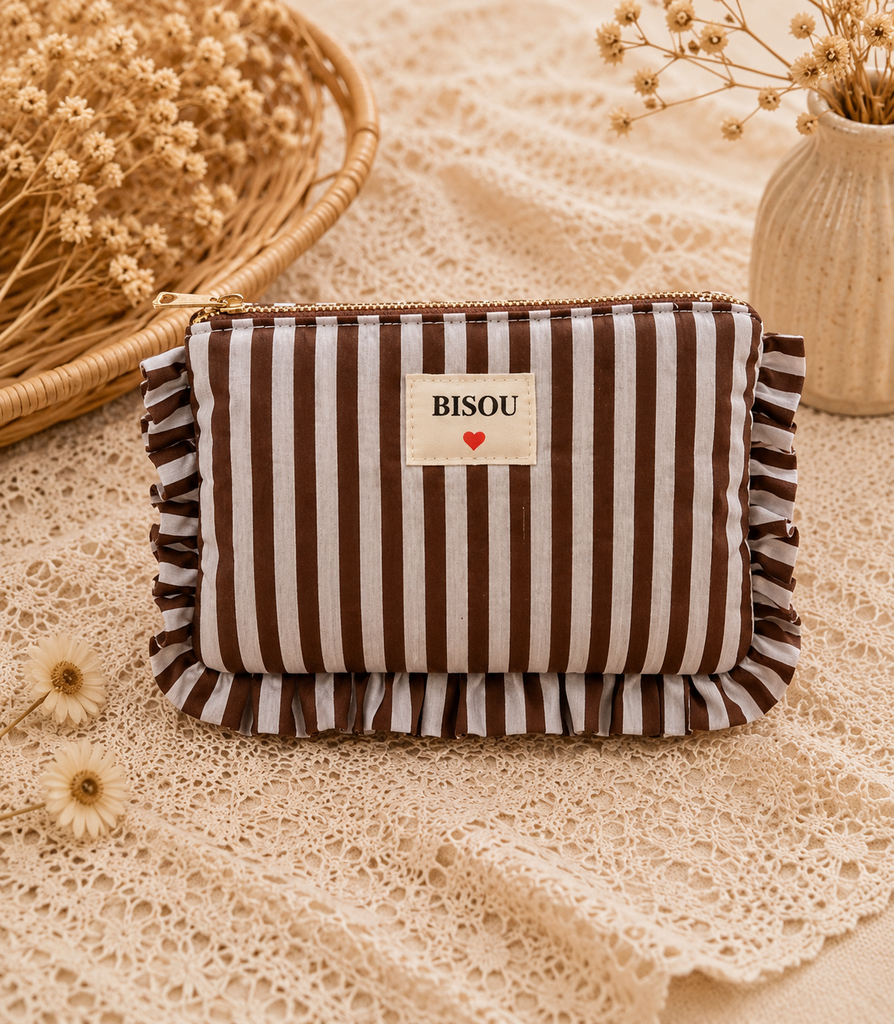 [POCH-AU33454-ligné-marron] Pochette en coton - Bisou - Motifs ligné - Marron