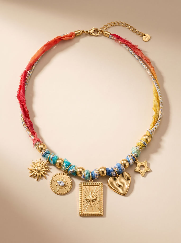 Collier en tissu avec charms - Rylee - Doré