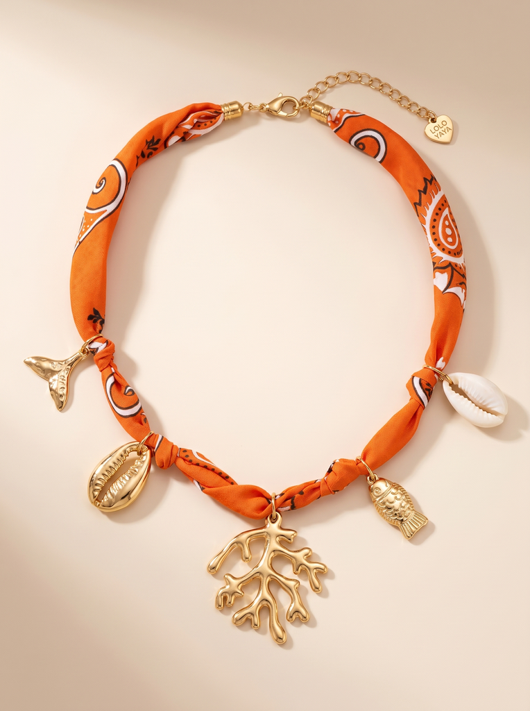 Collier en tissu avec charms océan - Maevie - Corail