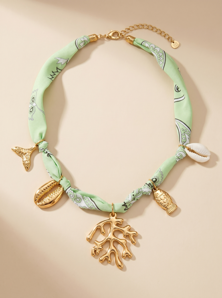 [45546-COLLIER-MAEVIE-VERT] Collier en tissu avec charms océan - Maevie - Vert