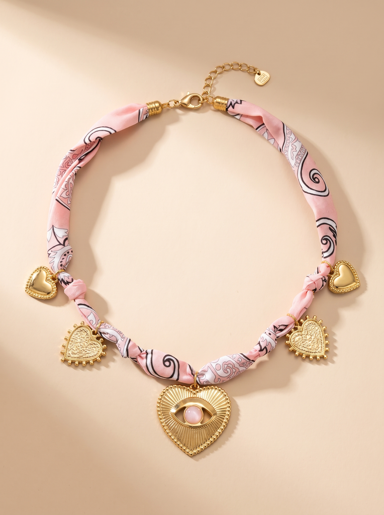 [45547-COLLIER-ALITZEL-ROSE] Collier en tissu avec charms coeur - Alitzel - Rose